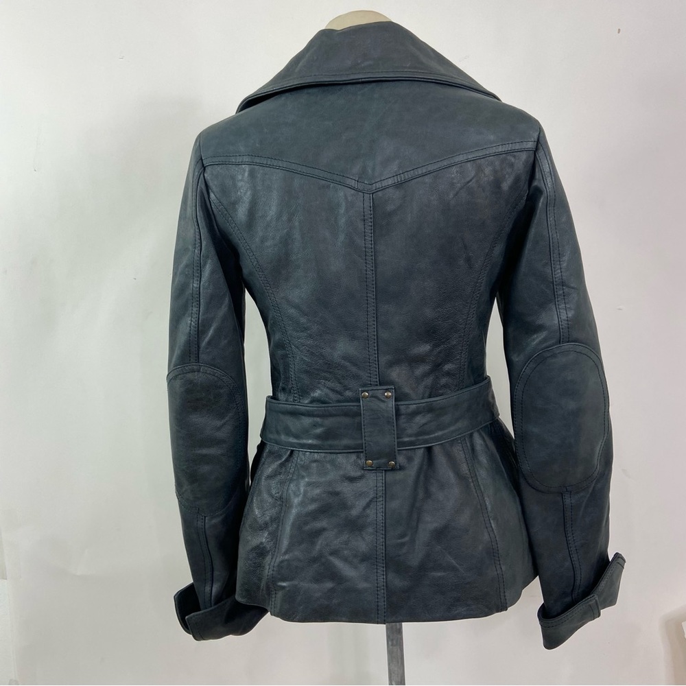 Vincent’s charcoal gray black belted leather moto biker jacket. - Picture 11 of 15